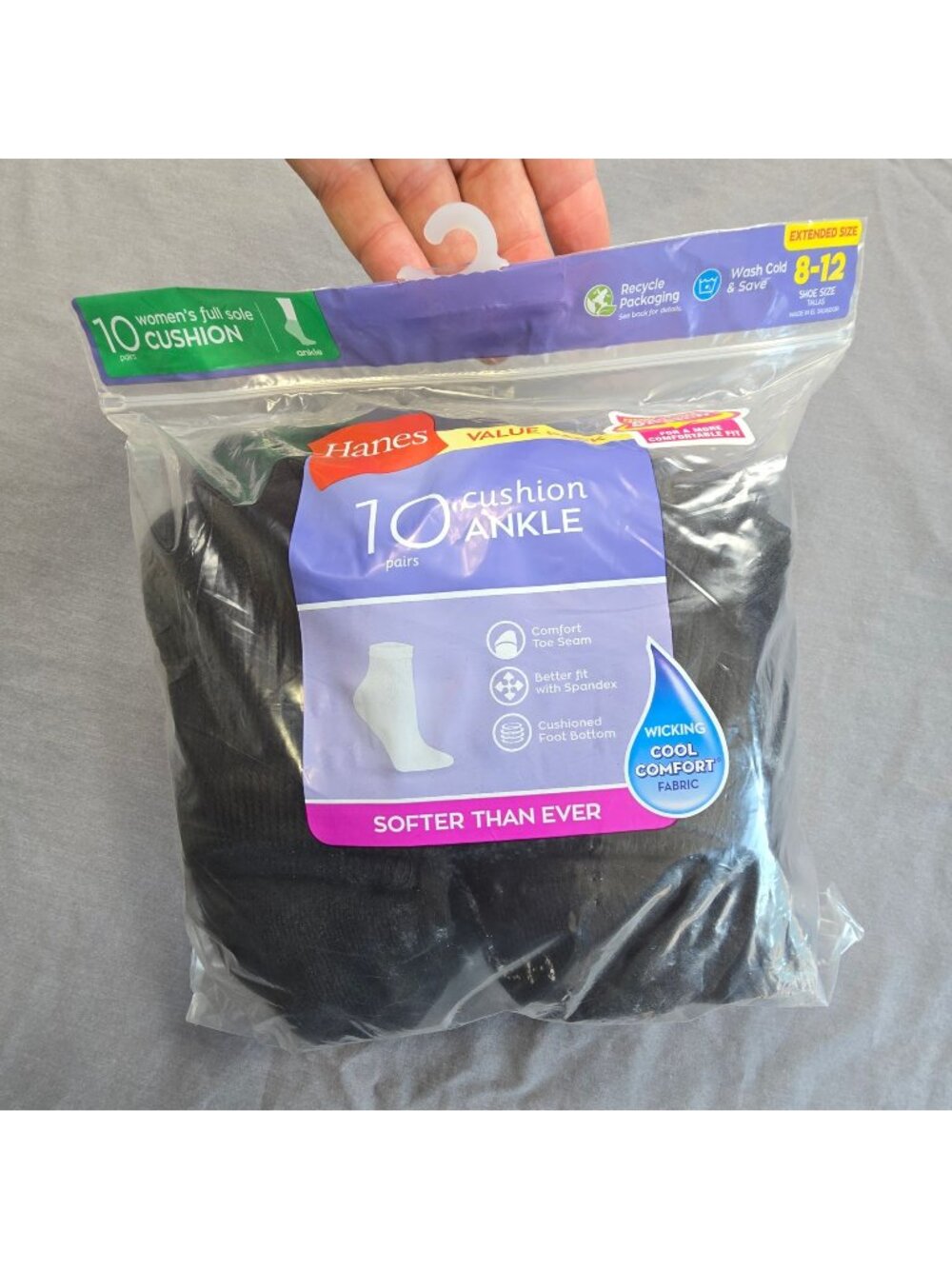 NEW Hanes Womens Extended Size 8-12 Ankle Cushion Socks Black 10 Pairs